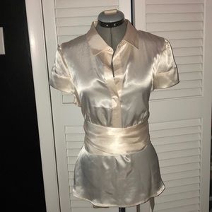 Off white cream satin short sleeve blouse
